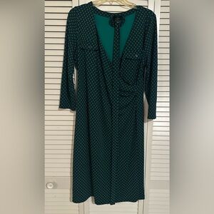 Talbots | Geometric Green Black Print Mock Faux Wrap Surplice Belted Dress Large
